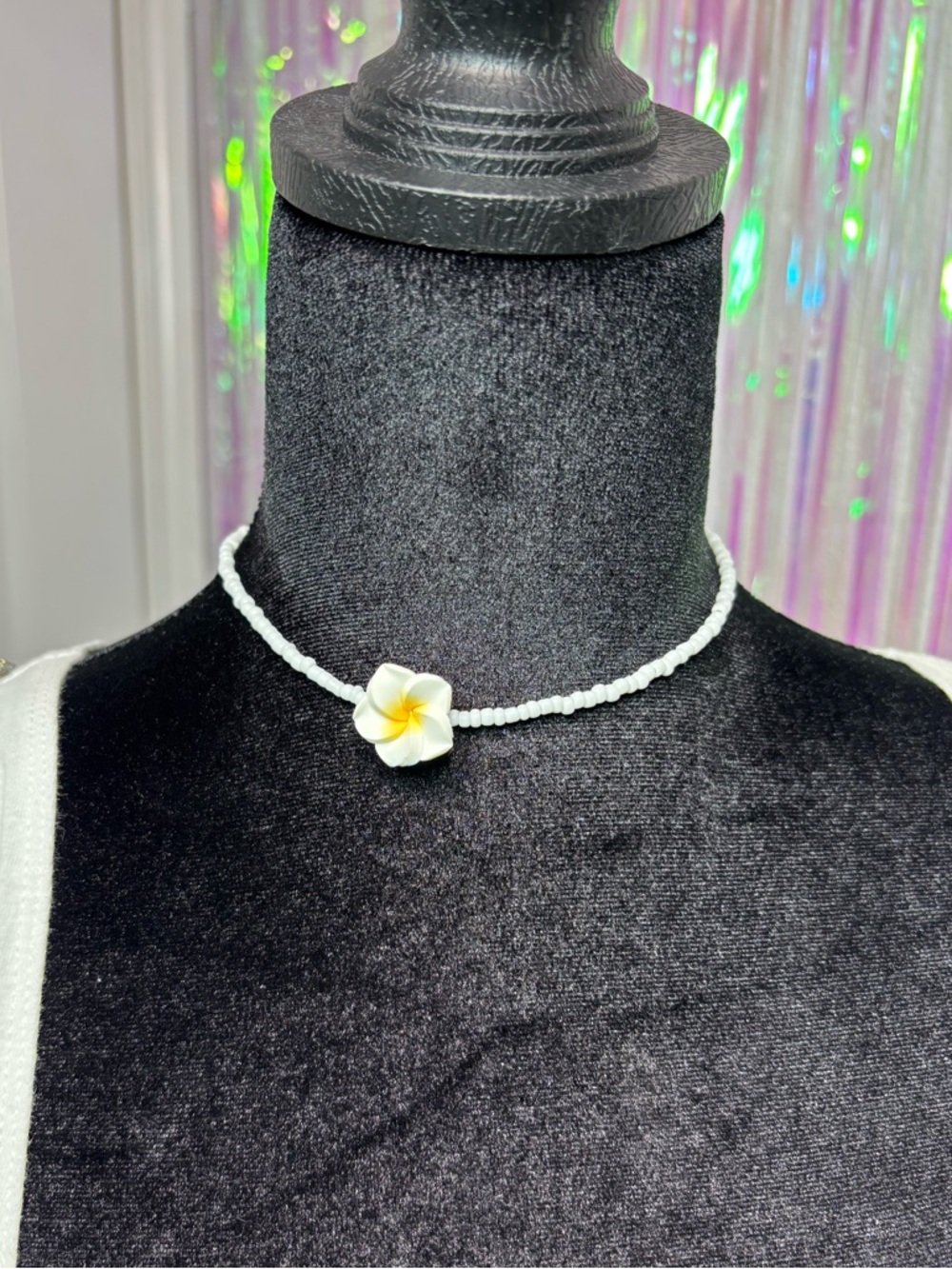 White Beaded Choker Necklace with Plumeria Flower Accent Summer Beach Perfect